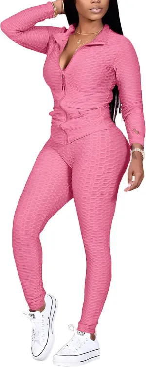 Jogging Suits for Women, Textured 2 Piece Outfit Long Sleeve Full Zip Jacket Skinny Pants Tracksuit Set