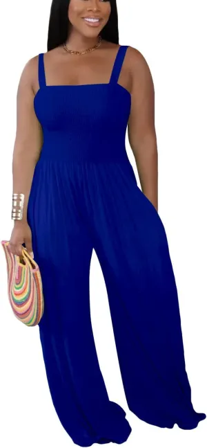 Jumpsuits for Women Casual Wide Leg Palazzo Pants Sleeveless Adjustable Spaghetti Strap Tank Romper with Pockets