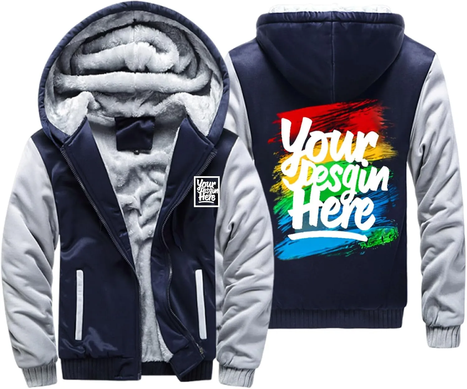 KAMKOO Men Custom Hoodie Zip Up Winter Sherpa Lined Sweatshirt Design Your Own Heavyweight Thick Warm Fleece Jacket