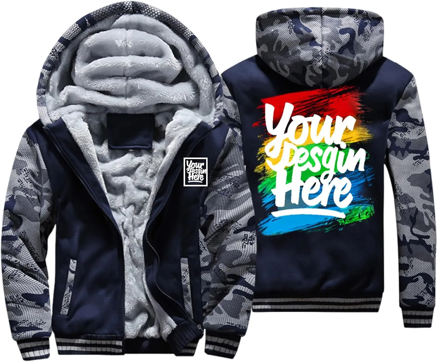KAMKOO Men Custom Hoodie Zip Up Winter Sherpa Lined Sweatshirt Design Your Own Heavyweight Thick Warm Fleece Jacket