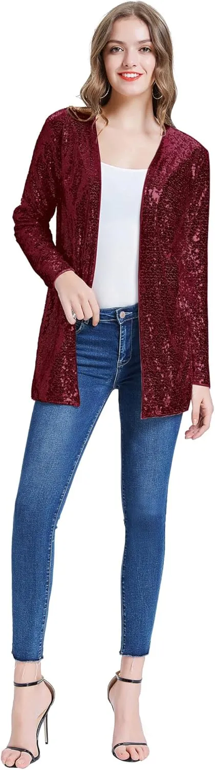 KANCY KOLE Women's Sequin Jacket Open Front Sparkly Jacket Blazer Casual Long Sleeve Cardigan Coat S-XXL