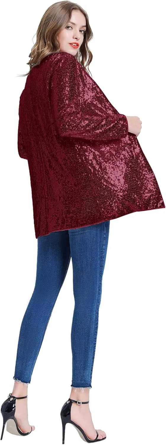 KANCY KOLE Women's Sequin Jacket Open Front Sparkly Jacket Blazer Casual Long Sleeve Cardigan Coat S-XXL