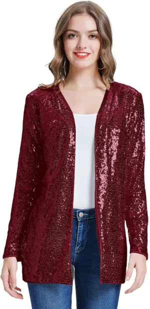 KANCY KOLE Women's Sequin Jacket Open Front Sparkly Jacket Blazer Casual Long Sleeve Cardigan Coat S-XXL