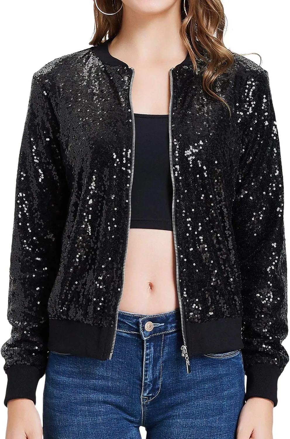 KANCY KOLE Womens Sequin Jacket with Pockets Casual Long Sleeve Front Zip Party Bomber Blazer S-2XL