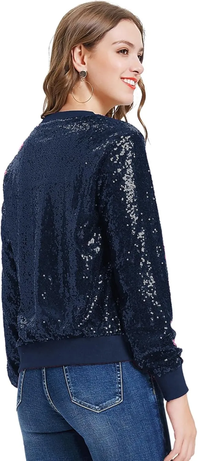 KANCY KOLE Womens Sequin Jacket with Pockets Casual Long Sleeve Front Zip Party Bomber Blazer S-2XL
