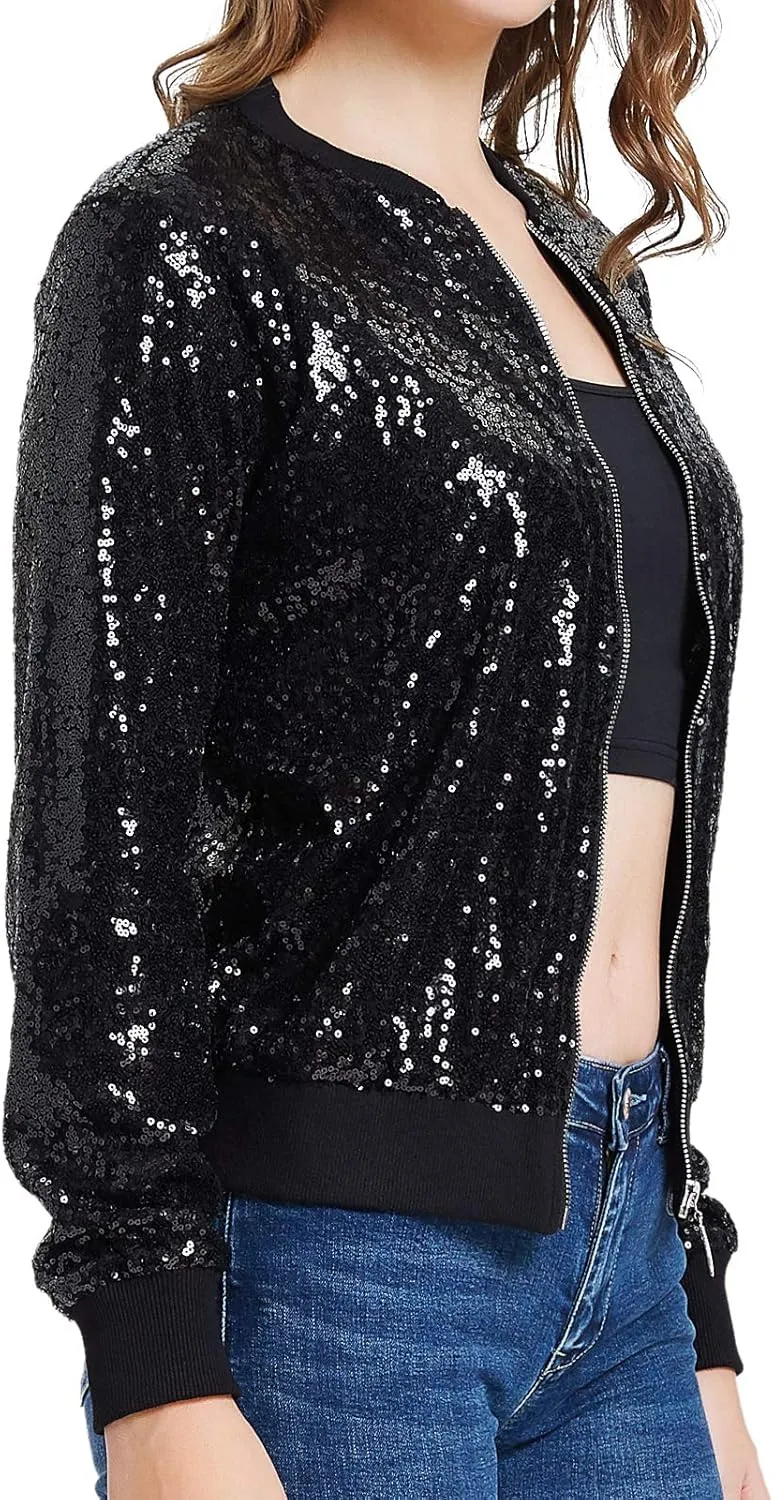 KANCY KOLE Womens Sequin Jacket with Pockets Casual Long Sleeve Front Zip Party Bomber Blazer S-2XL