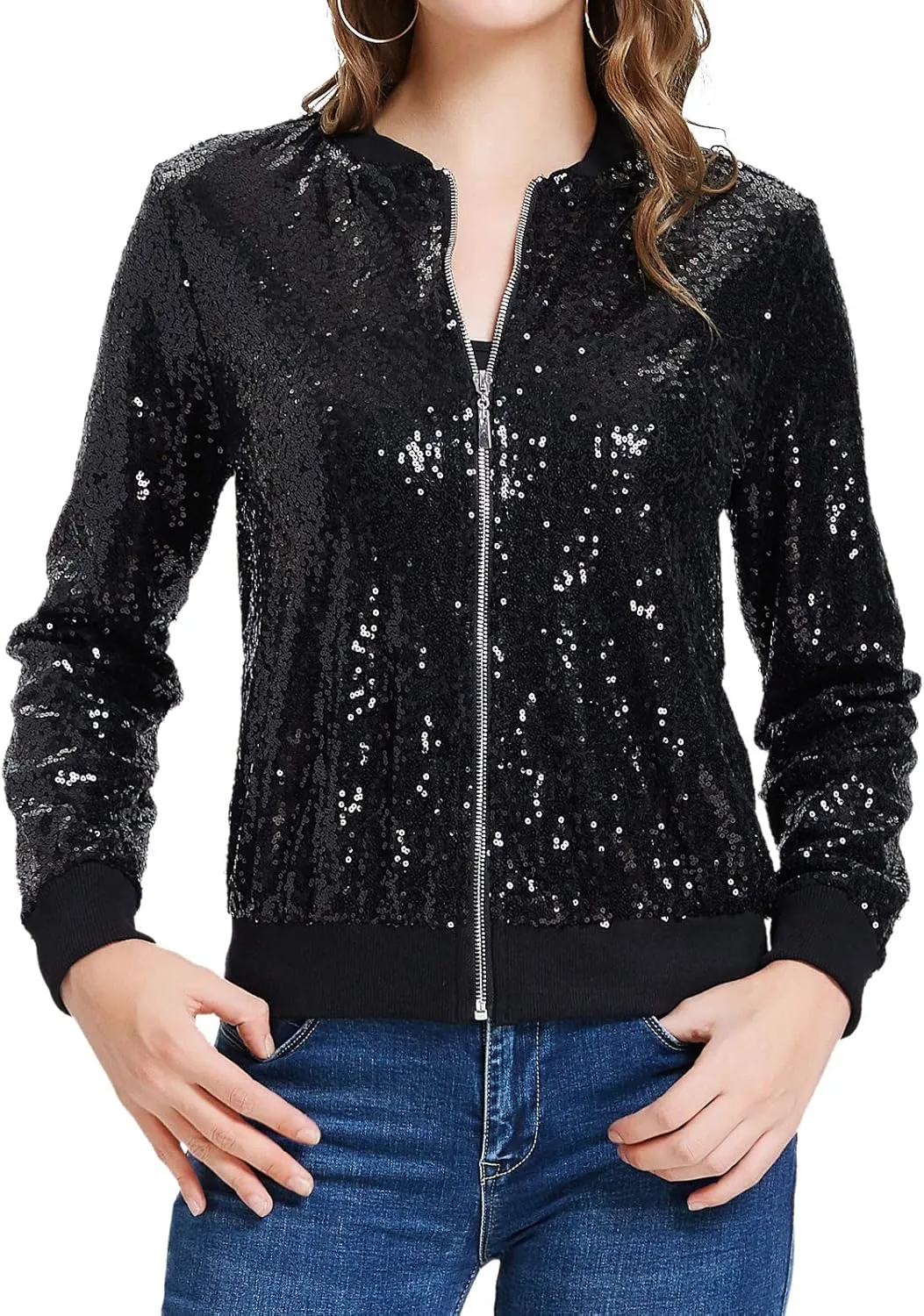 KANCY KOLE Womens Sequin Jacket with Pockets Casual Long Sleeve Front Zip Party Bomber Blazer S-2XL