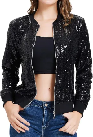 KANCY KOLE Womens Sequin Jacket with Pockets Casual Long Sleeve Front Zip Party Bomber Blazer S-2XL