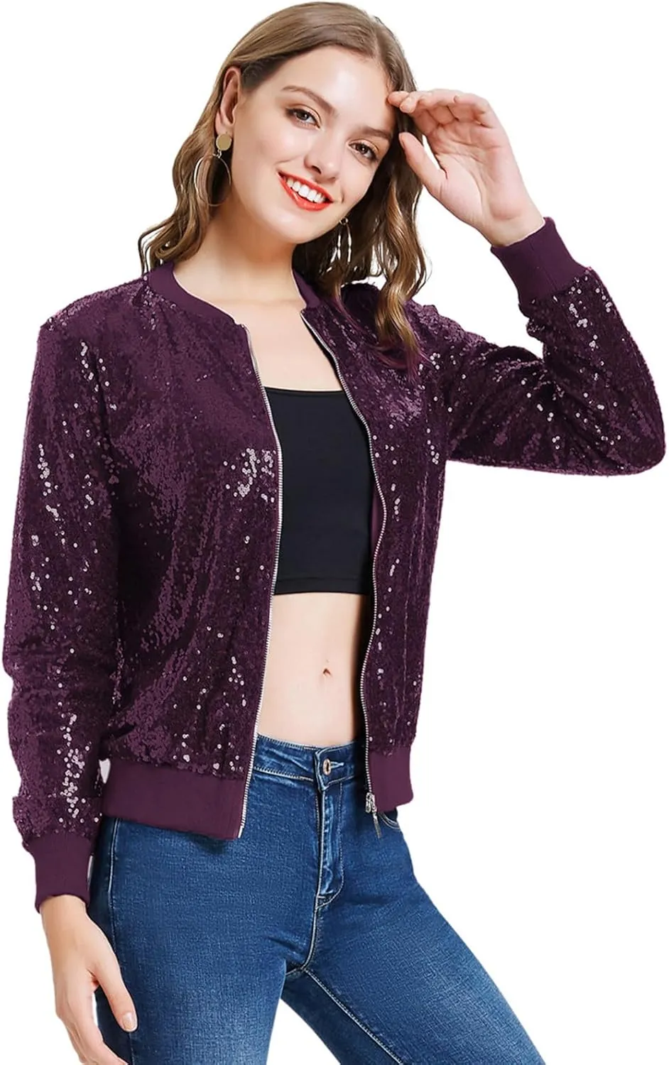 KANCY KOLE Womens Sequin Jacket with Pockets Casual Long Sleeve Front Zip Party Bomber Blazer S-2XL