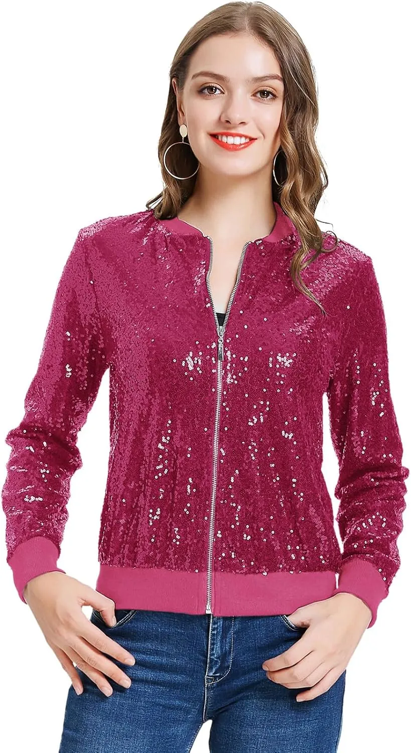 KANCY KOLE Womens Sequin Jacket with Pockets Casual Long Sleeve Front Zip Party Bomber Blazer S-2XL