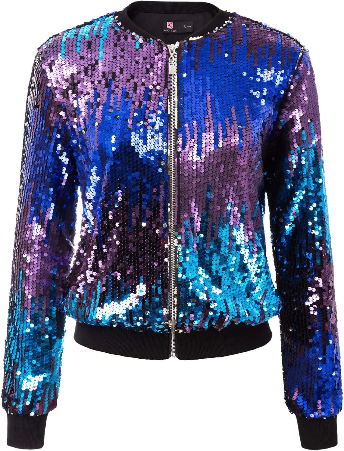 KANCY KOLE Womens Sequin Jacket with Pockets Casual Long Sleeve Front Zip Party Bomber Blazer S-2XL