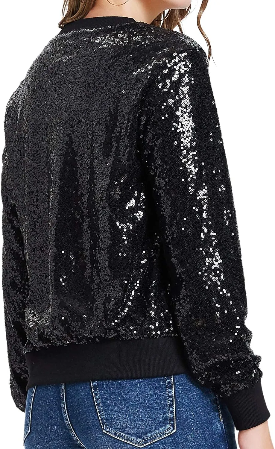 KANCY KOLE Womens Sequin Jacket with Pockets Casual Long Sleeve Front Zip Party Bomber Blazer S-2XL
