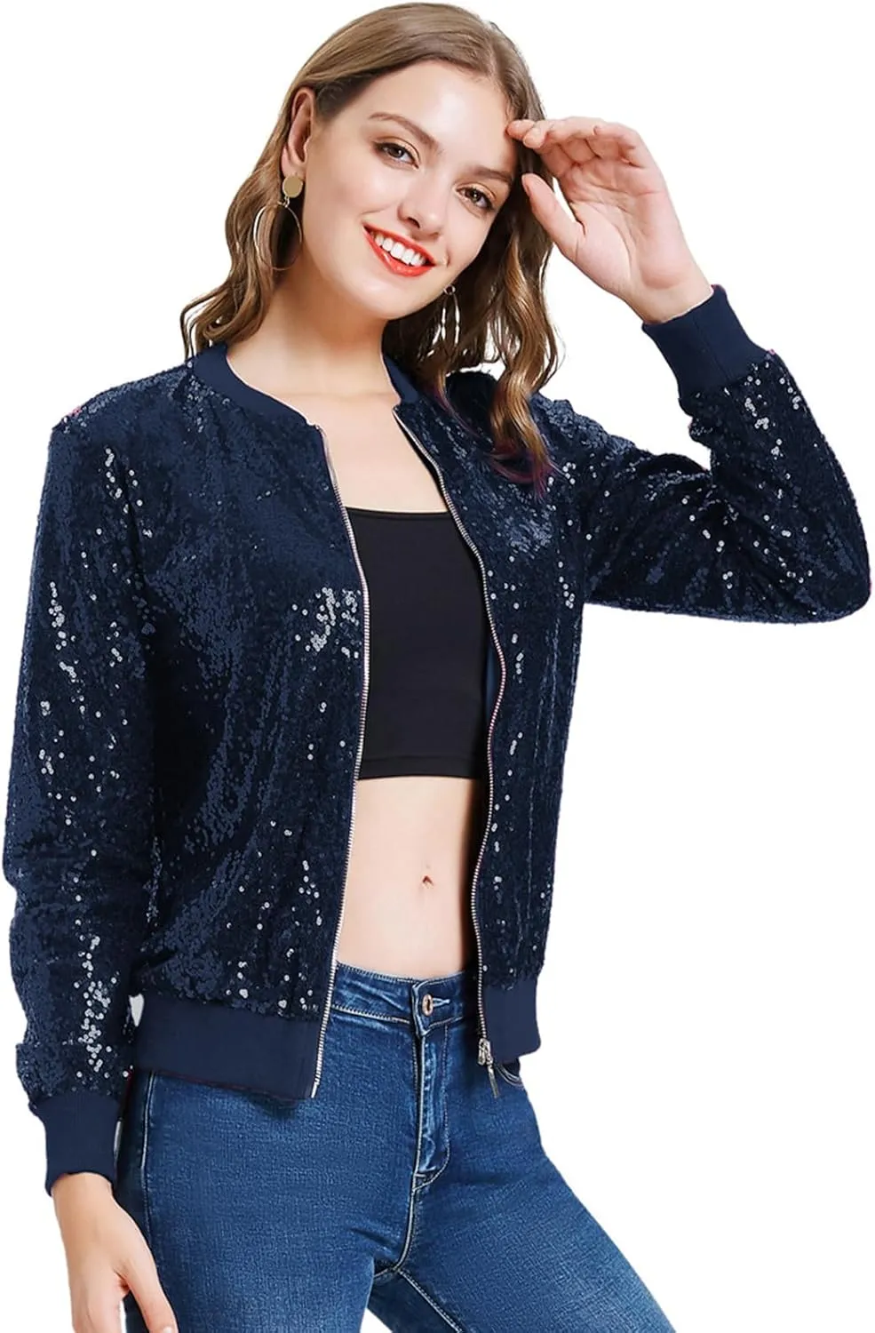 KANCY KOLE Womens Sequin Jacket with Pockets Casual Long Sleeve Front Zip Party Bomber Blazer S-2XL