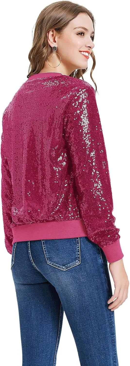 KANCY KOLE Womens Sequin Jacket with Pockets Casual Long Sleeve Front Zip Party Bomber Blazer S-2XL
