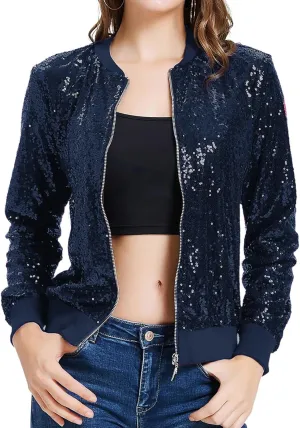 KANCY KOLE Womens Sequin Jacket with Pockets Casual Long Sleeve Front Zip Party Bomber Blazer S-2XL