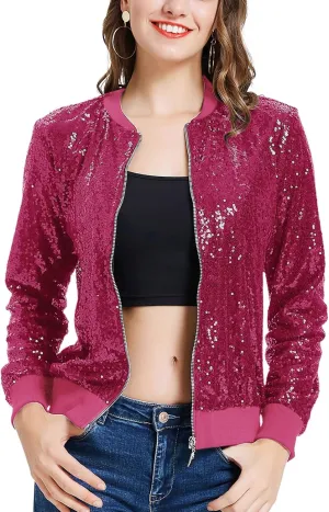 KANCY KOLE Womens Sequin Jacket with Pockets Casual Long Sleeve Front Zip Party Bomber Blazer S-2XL