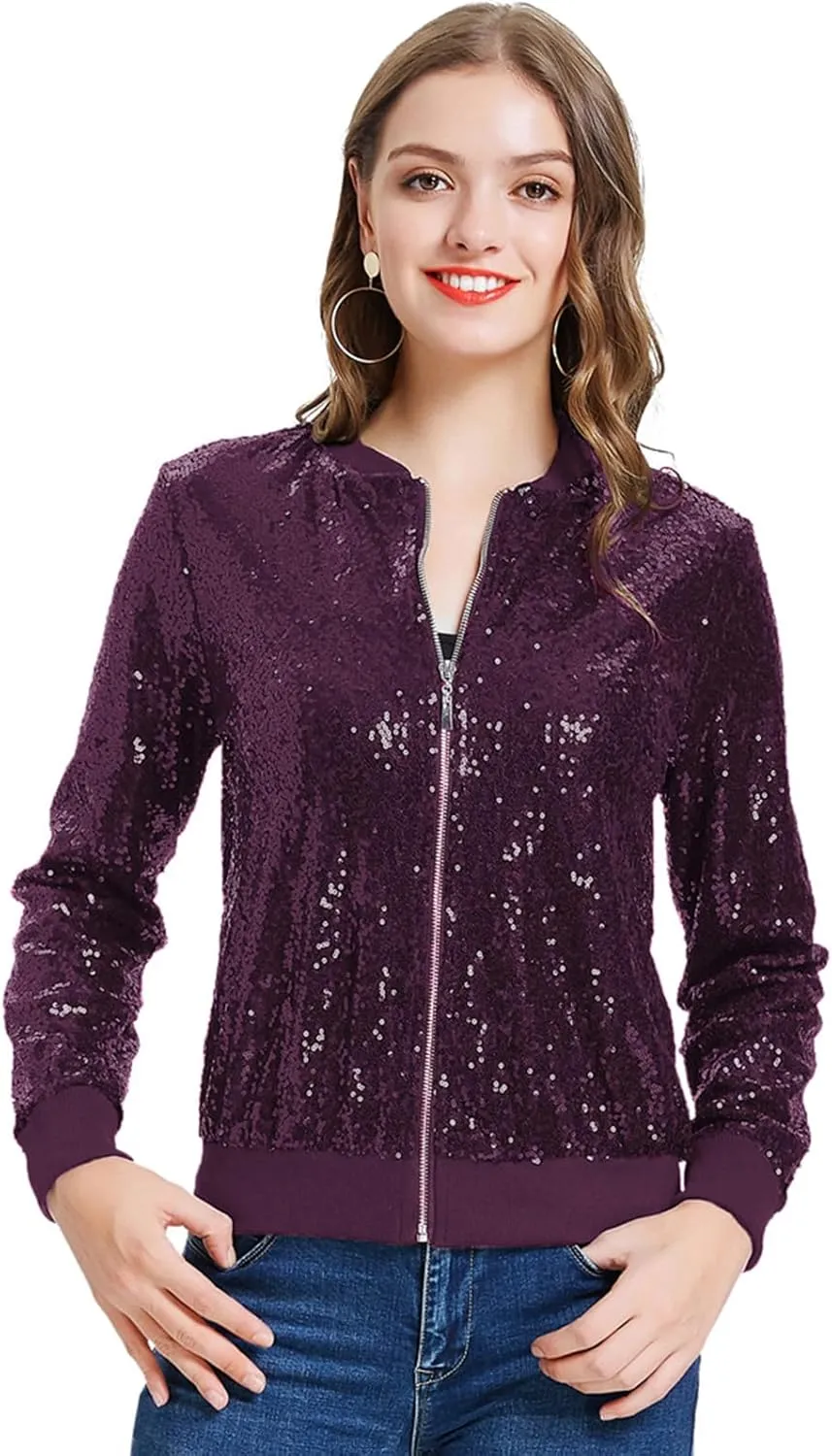 KANCY KOLE Womens Sequin Jacket with Pockets Casual Long Sleeve Front Zip Party Bomber Blazer S-2XL