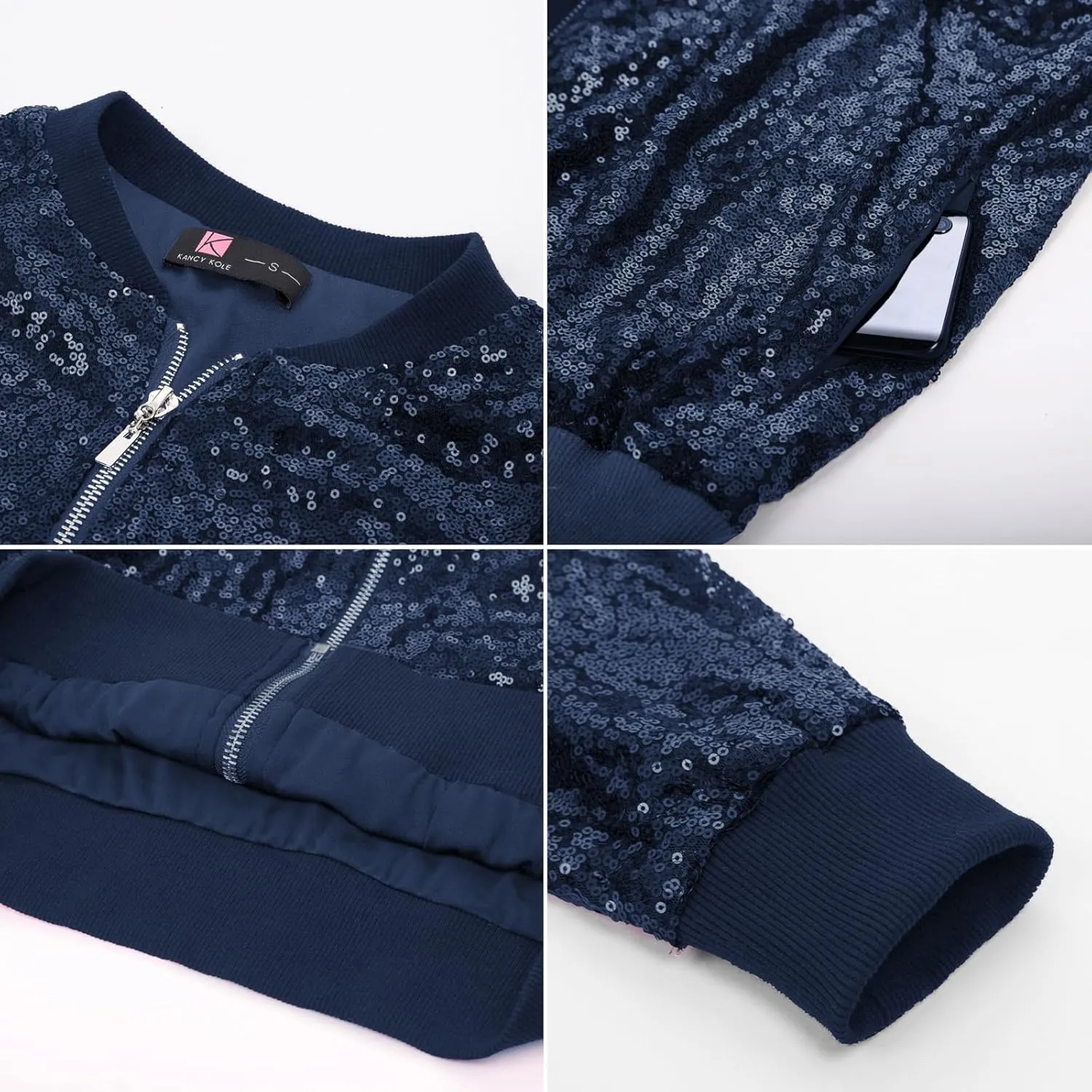 KANCY KOLE Womens Sequin Jacket with Pockets Casual Long Sleeve Front Zip Party Bomber Blazer S-2XL