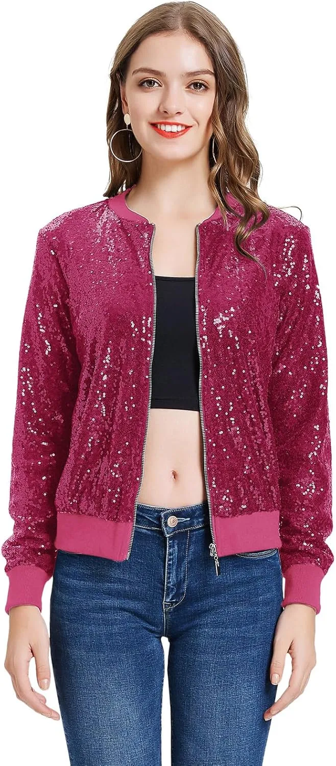 KANCY KOLE Womens Sequin Jacket with Pockets Casual Long Sleeve Front Zip Party Bomber Blazer S-2XL