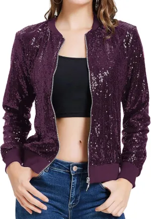KANCY KOLE Womens Sequin Jacket with Pockets Casual Long Sleeve Front Zip Party Bomber Blazer S-2XL
