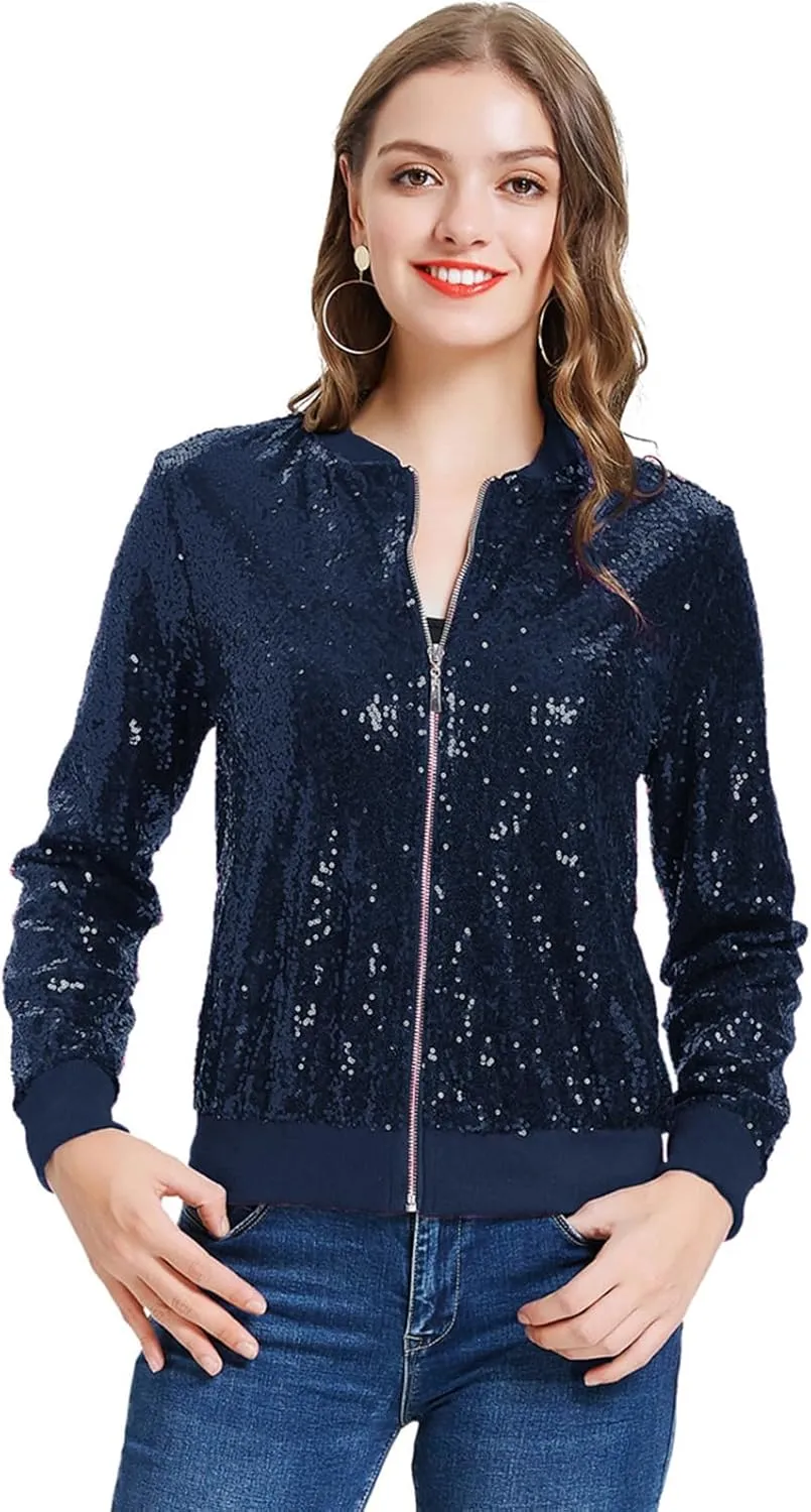 KANCY KOLE Womens Sequin Jacket with Pockets Casual Long Sleeve Front Zip Party Bomber Blazer S-2XL