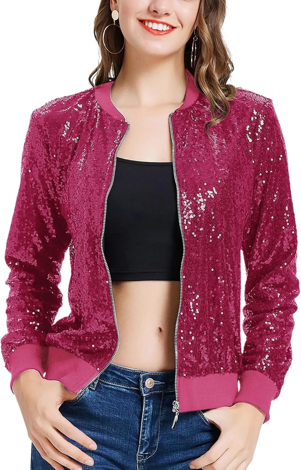 KANCY KOLE Womens Sequin Jacket with Pockets Casual Long Sleeve Front Zip Party Bomber Blazer S-2XL