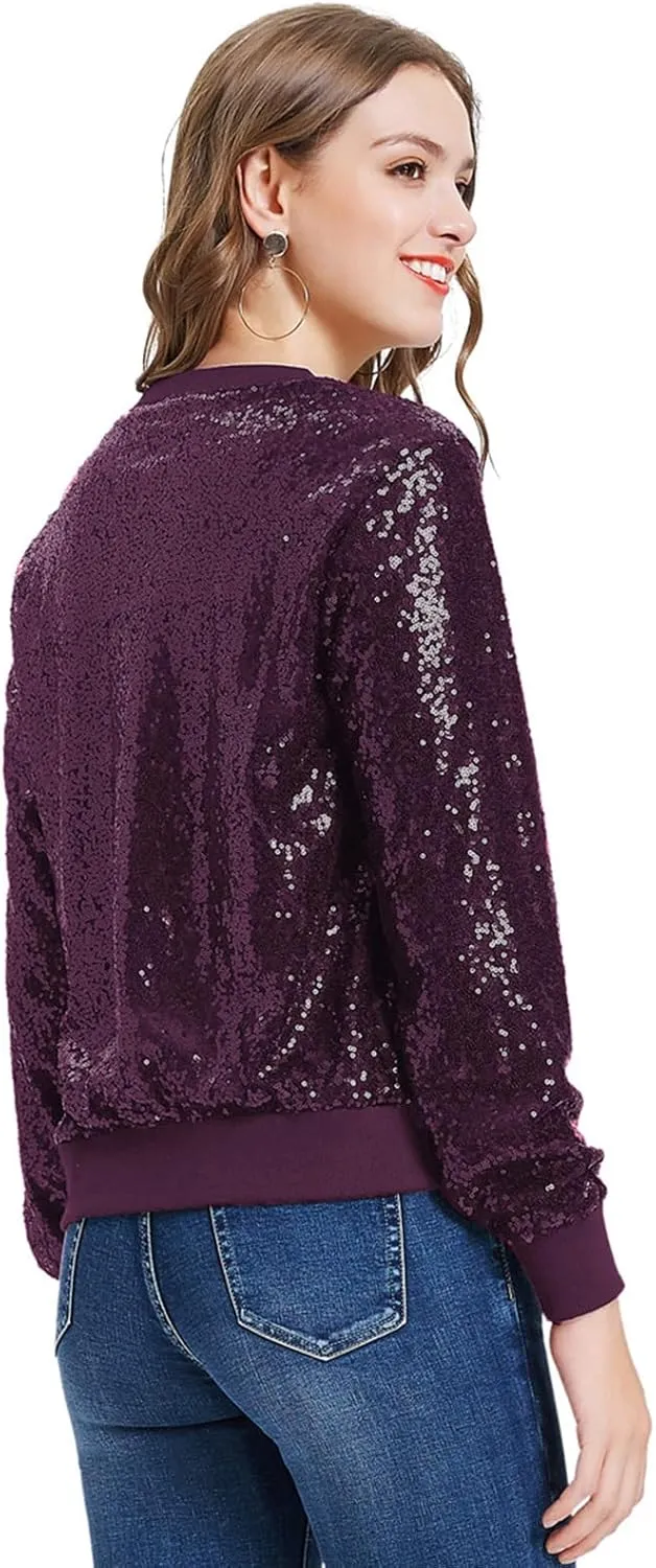 KANCY KOLE Womens Sequin Jacket with Pockets Casual Long Sleeve Front Zip Party Bomber Blazer S-2XL