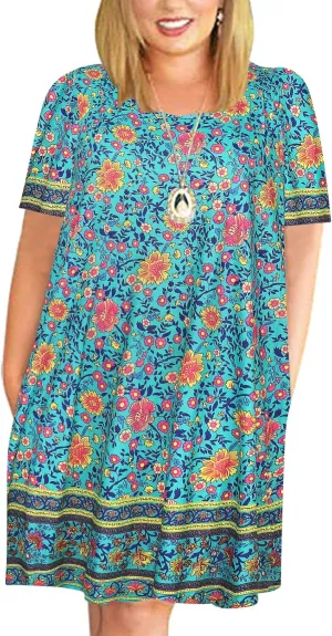 Kancystore Women Plus Size Dresses Short Sleeve Cold Shoulder Casual T-Shirt Swing Dress with Pockets