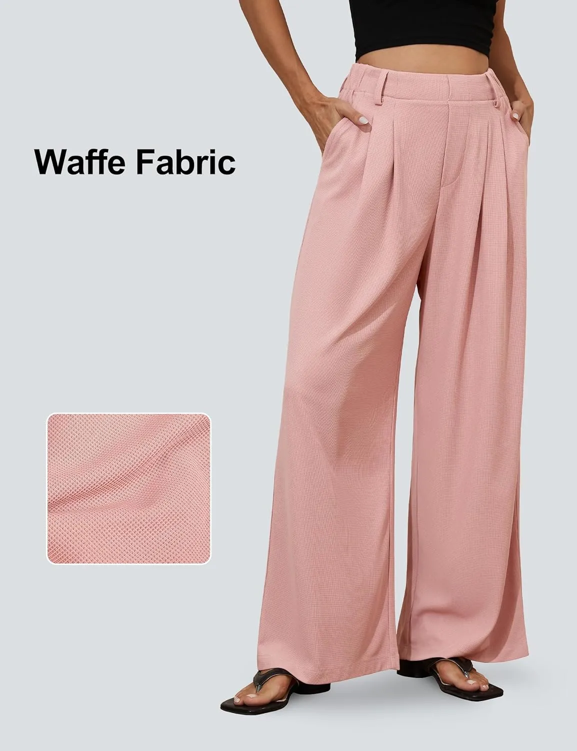 kayamiya Women's Elastic Waist Wide Leg Waffle Pants High Waisted Business Work Casual Summer Dress Trousers with Pockets