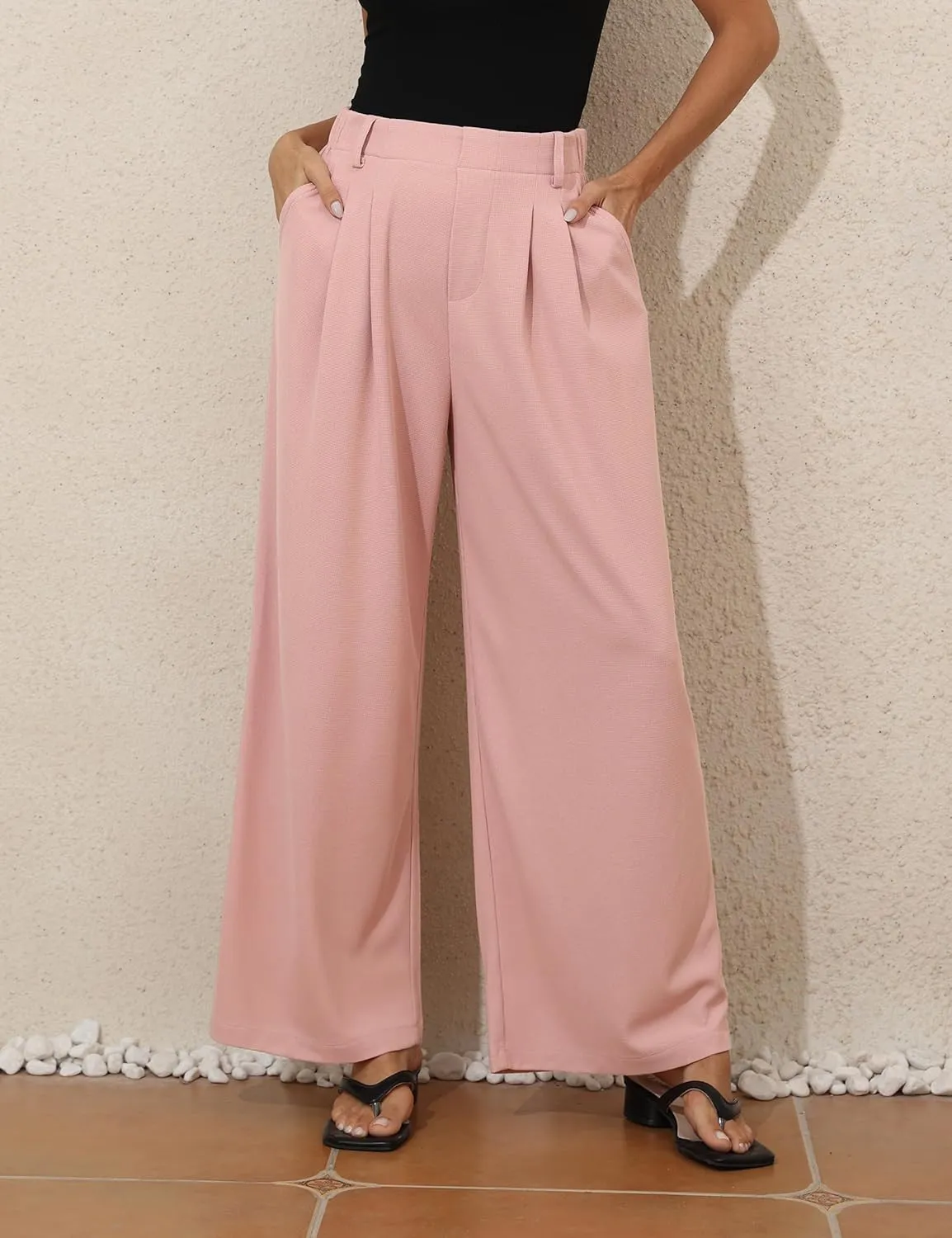 kayamiya Women's Elastic Waist Wide Leg Waffle Pants High Waisted Business Work Casual Summer Dress Trousers with Pockets