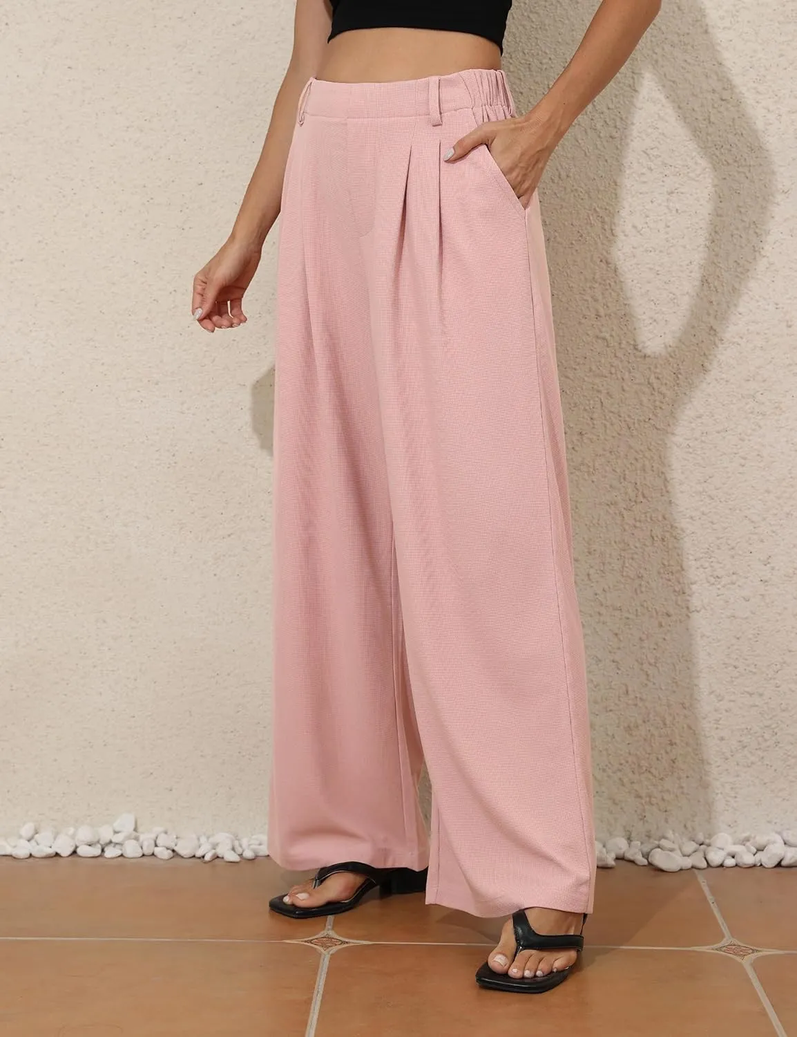 kayamiya Women's Elastic Waist Wide Leg Waffle Pants High Waisted Business Work Casual Summer Dress Trousers with Pockets