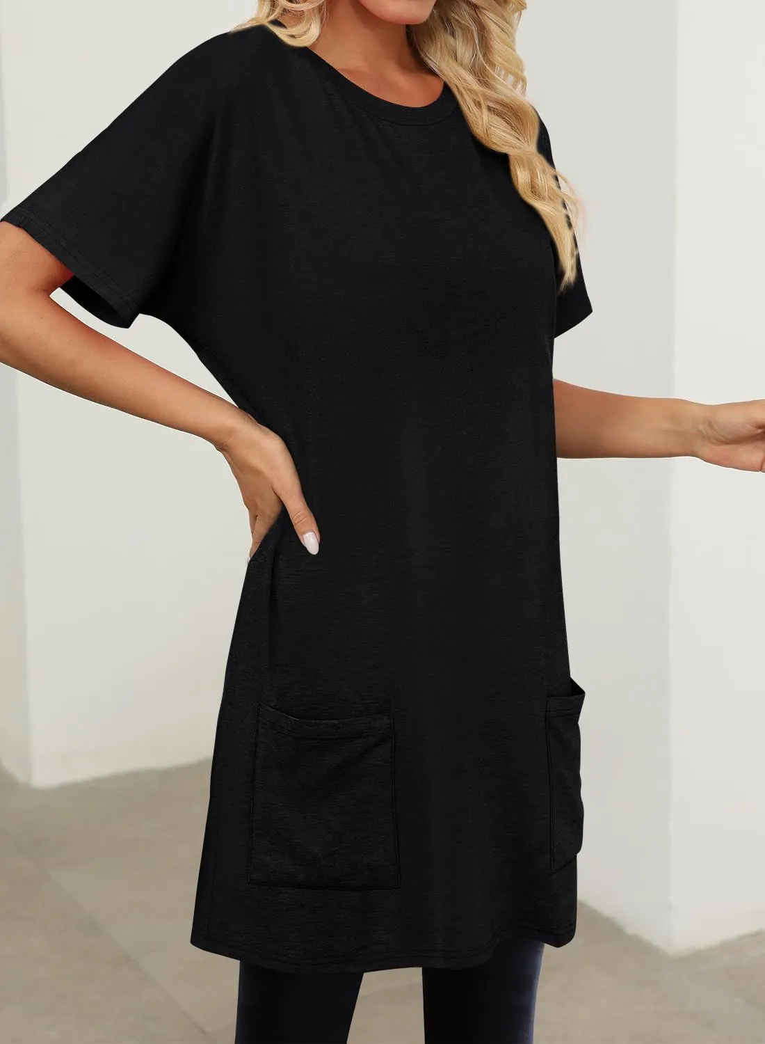 KISSMODA Womens Summer Tunic Tops for Leggings Casual Short Sleeve Long Shirts with Pockets