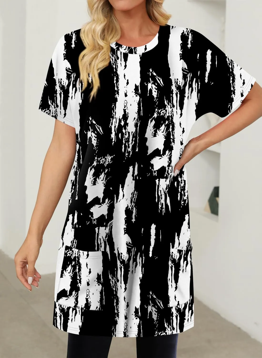 KISSMODA Womens Summer Tunic Tops for Leggings Casual Short Sleeve Long Shirts with Pockets