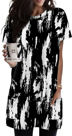 KISSMODA Womens Summer Tunic Tops for Leggings Casual Short Sleeve Long Shirts with Pockets