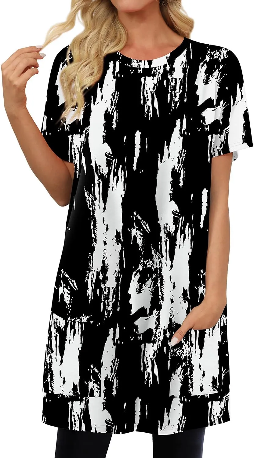 KISSMODA Womens Summer Tunic Tops for Leggings Casual Short Sleeve Long Shirts with Pockets