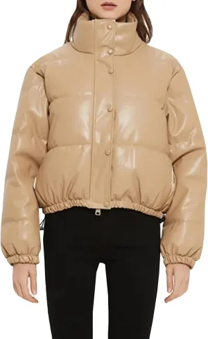 Kissonic Women's Cropped Quilted Puffer Jacket Winter Faux Leather Padded Parka Coat