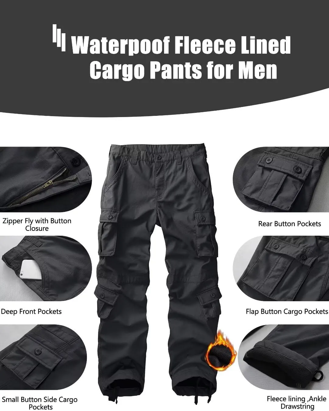 KOCTHOMY Mens Fleece Lined Hiking Pants,Winter Outdoor Thermal Casual Work Cargo Pants with Multi Pockets, No Belt.