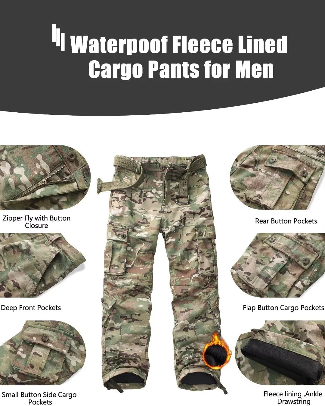 KOCTHOMY Mens Fleece Lined Hiking Pants,Winter Outdoor Thermal Casual Work Cargo Pants with Multi Pockets, No Belt.
