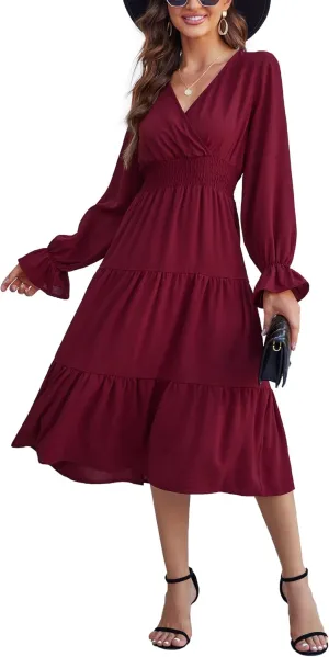 KOJOOIN Women's Casual Wrap V Neck Midi Sleeve Smocked Waist Tiered a Line Pleated Flowy Long Dress