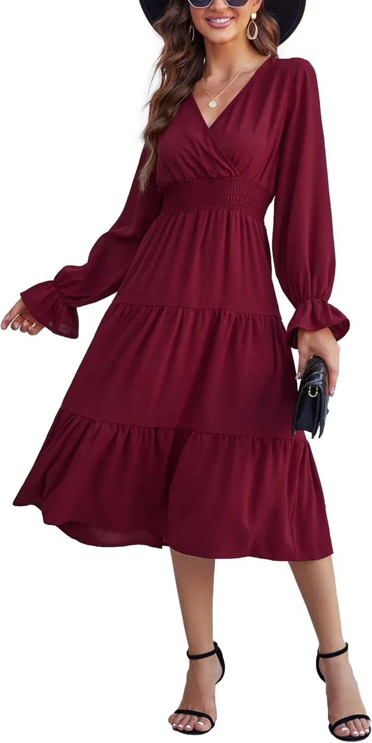 KOJOOIN Women's Casual Wrap V Neck Midi Sleeve Smocked Waist Tiered a Line Pleated Flowy Long Dress