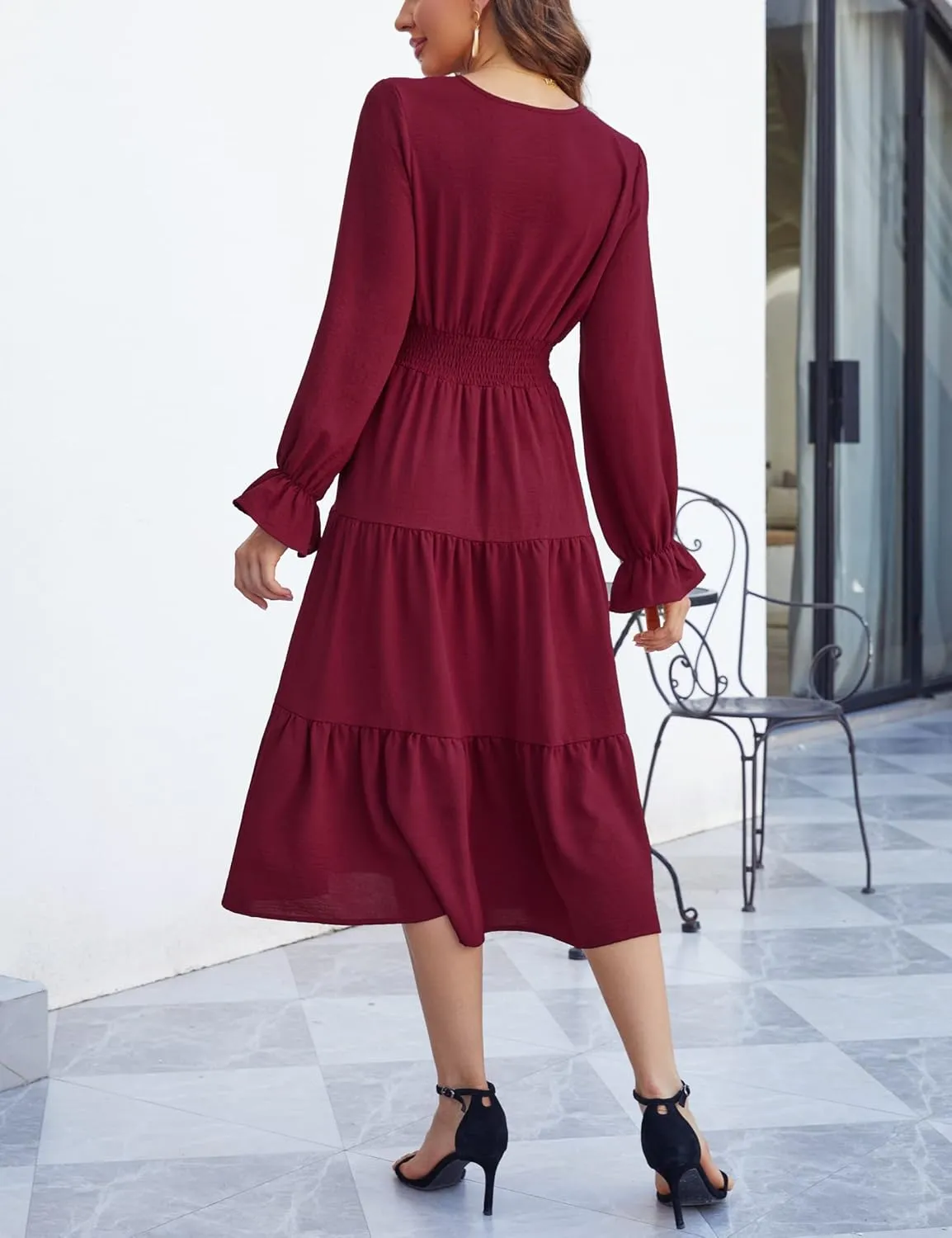 KOJOOIN Women's Casual Wrap V Neck Midi Sleeve Smocked Waist Tiered a Line Pleated Flowy Long Dress