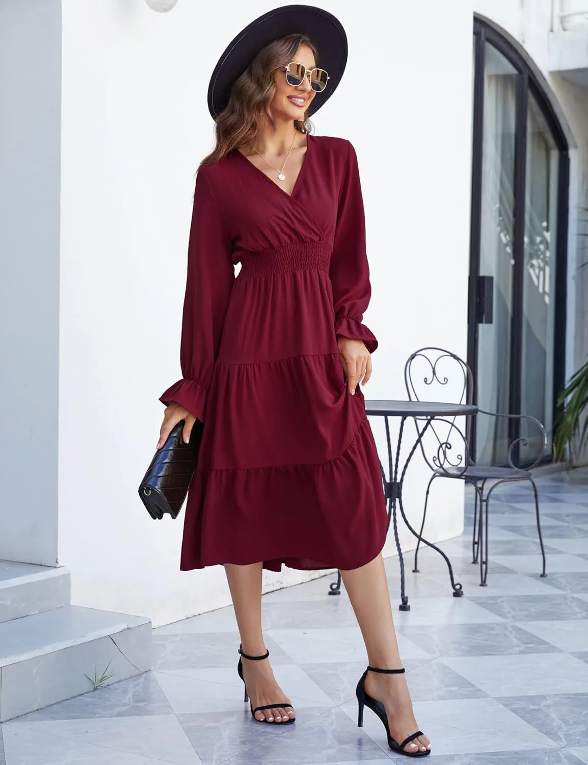 KOJOOIN Women's Casual Wrap V Neck Midi Sleeve Smocked Waist Tiered a Line Pleated Flowy Long Dress