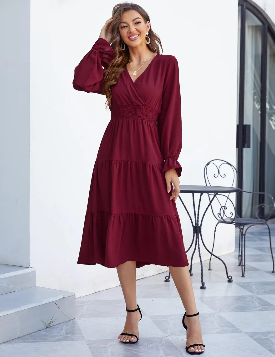 KOJOOIN Women's Casual Wrap V Neck Midi Sleeve Smocked Waist Tiered a Line Pleated Flowy Long Dress