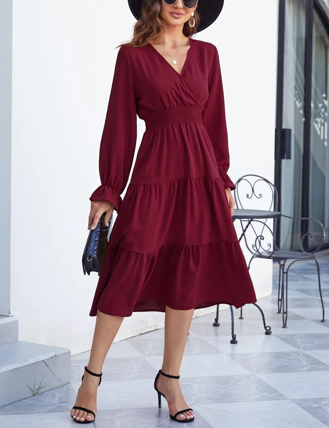 KOJOOIN Women's Casual Wrap V Neck Midi Sleeve Smocked Waist Tiered a Line Pleated Flowy Long Dress