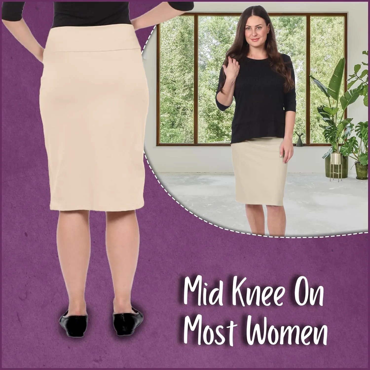 Kosher Casual Modest Knee Length Pencil Skirt for Women in Lightweight Cotton Spandex