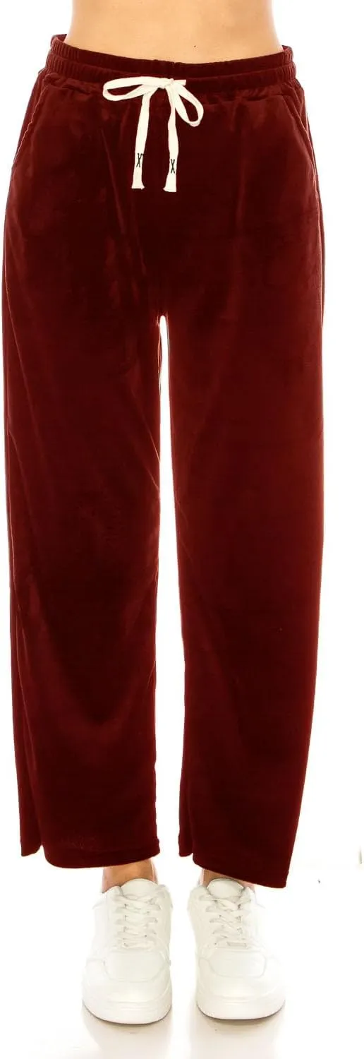 LA12ST Women's Elastic Waist Velour Loose Wide Leg Pants Long Palazzo Casual Flare Jogger with Pockets