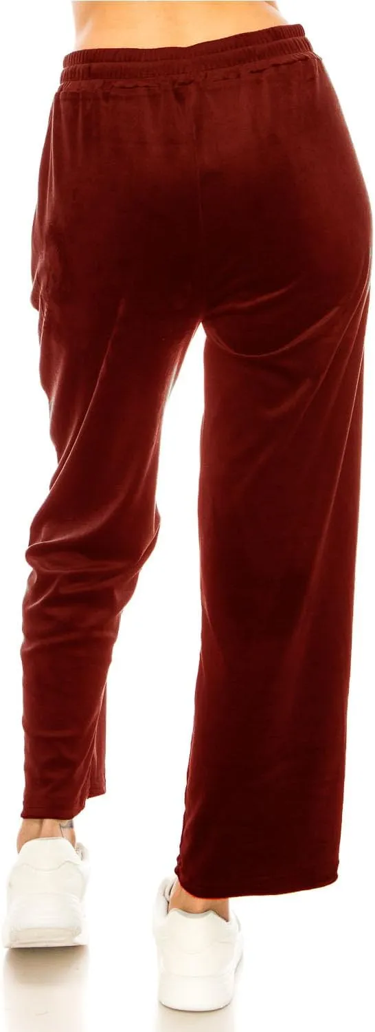 LA12ST Women's Elastic Waist Velour Loose Wide Leg Pants Long Palazzo Casual Flare Jogger with Pockets