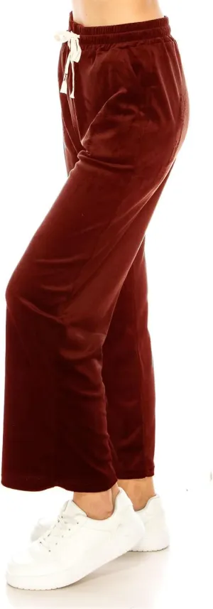 LA12ST Women's Elastic Waist Velour Loose Wide Leg Pants Long Palazzo Casual Flare Jogger with Pockets
