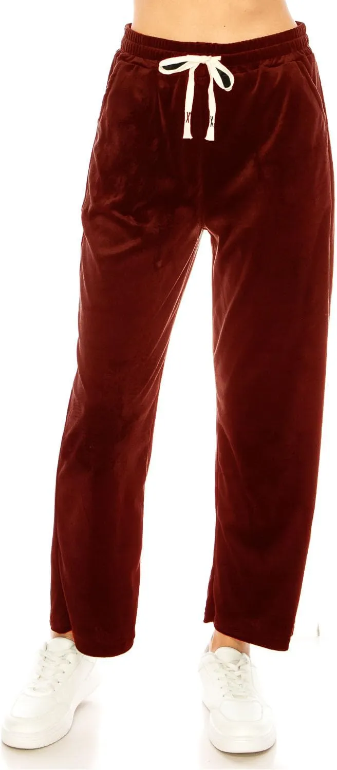 LA12ST Women's Elastic Waist Velour Loose Wide Leg Pants Long Palazzo Casual Flare Jogger with Pockets