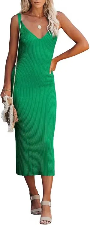 Lacozy Women's 2025 Summer Bodycon Midi Dress Sexy V-Neck Sleeveless Sweater Dress Casual Tank Top Dresses